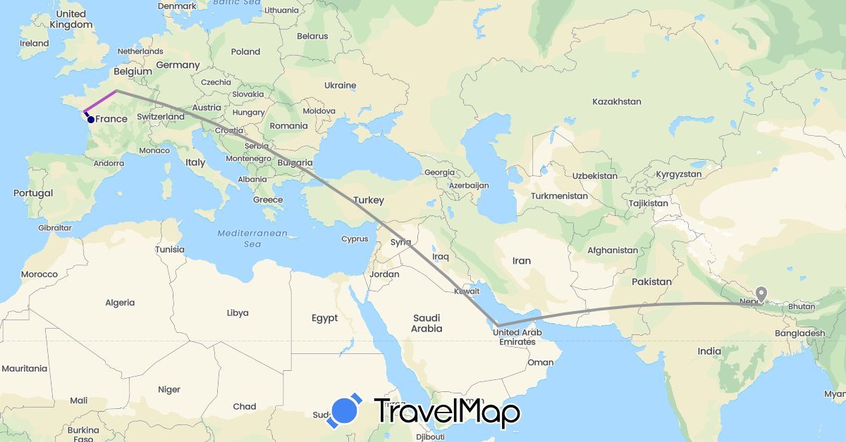 TravelMap itinerary: driving, plane, train in France, Nepal, Qatar (Asia, Europe)